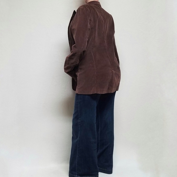 Vintage 90s SJB Brown Corduroy Long Hem Notched Collar Plunging Neckline Blazer - Picture 3 of 12